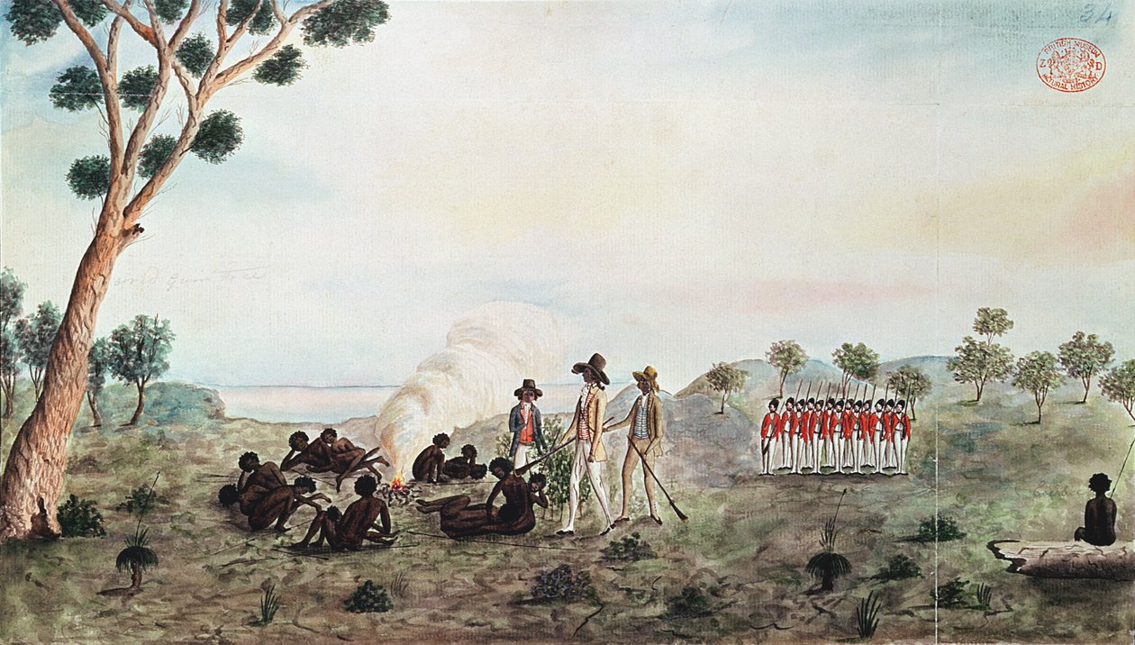 White, Harris og Laing med en gruppe soldater, der besøger Botany Bay Colebee på det sted, da han blev såret nær Botany Bay, ca. 1790 af Port Jackson Painter