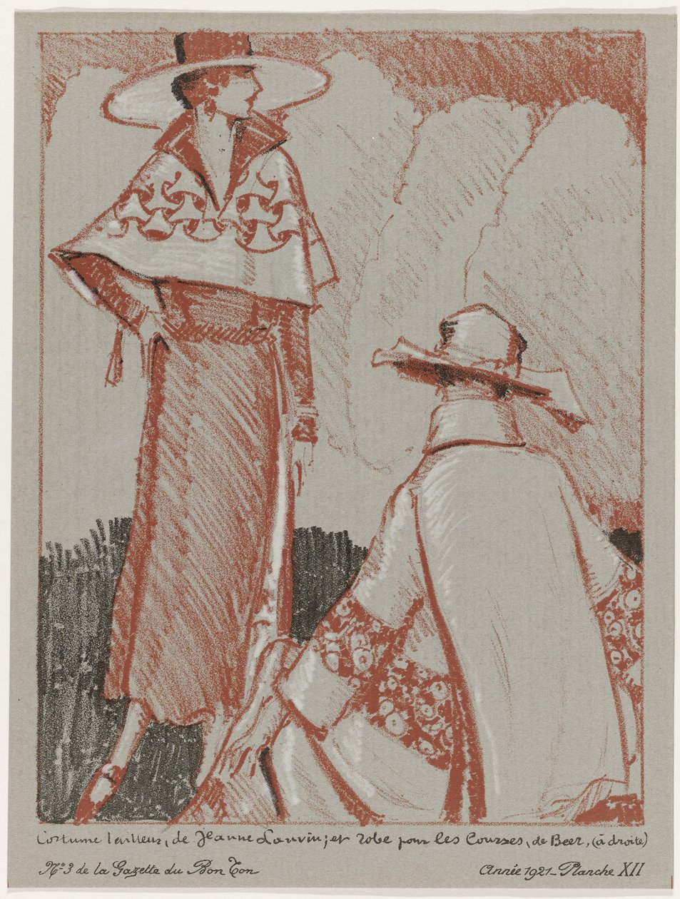 Gazette du Bon Ton, 1921 - nr. 3, pl. XII: Skræddersyet jakkesæt, af Jeanne Lanvin; og kjole til shopping, de Beer (titel på objekt) af Porter Woodruff