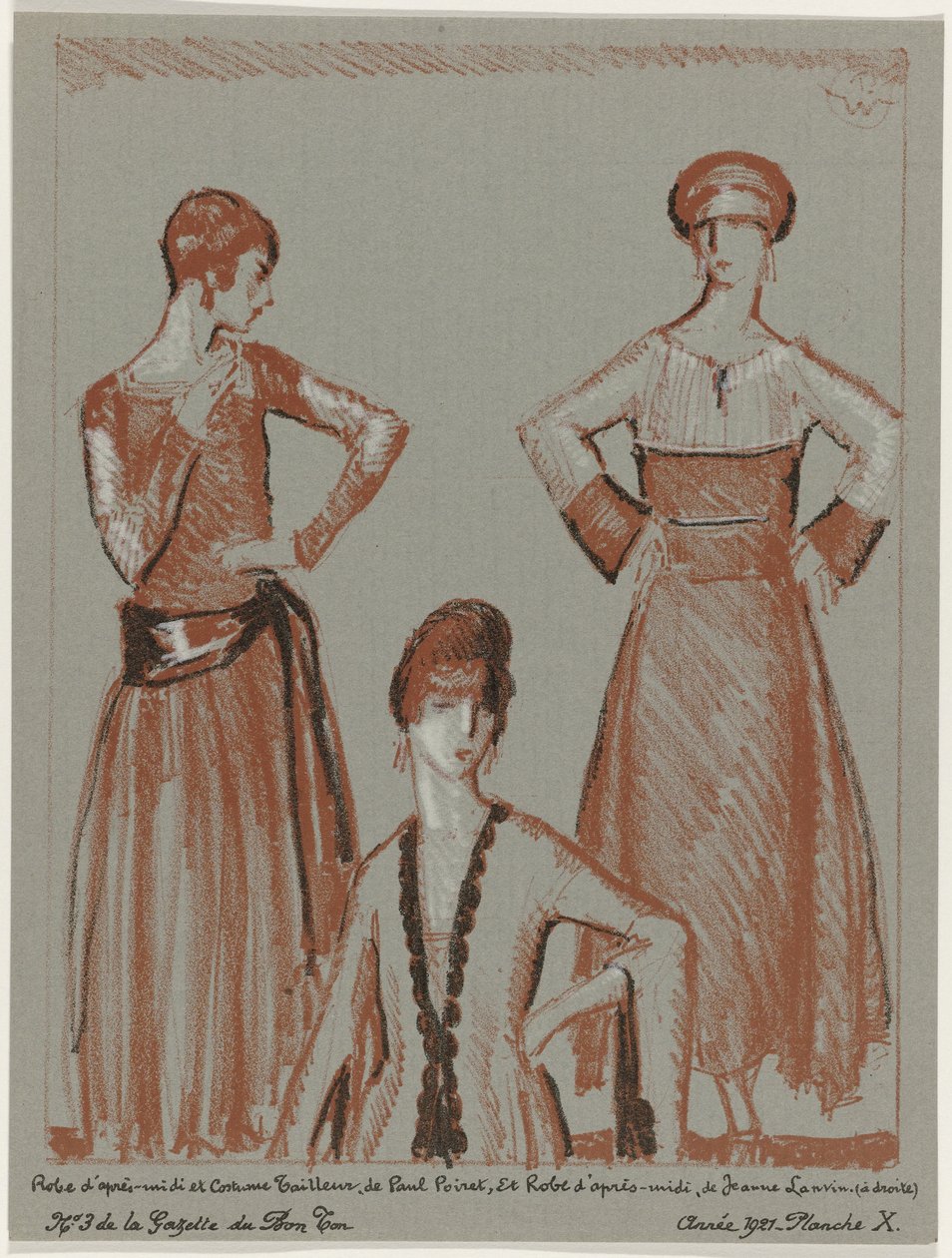 Gazette du Bon Ton, 1921 - nr. 3, Pl. X: Eftermiddagskjole og skræddersyet jakkesæt, af Paul Poiret, og eftermiddagskjole, af Jeanne Lanvin (titel på objektet) af Porter Woodruff
