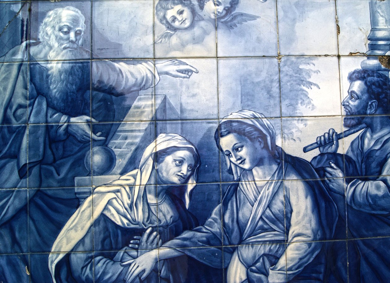 Dekorativt panel, der viser Mary og Joseph, der ankommer til kroen, Lamego, Portugal. 1738 (keramiske fliser) af Portuguese School