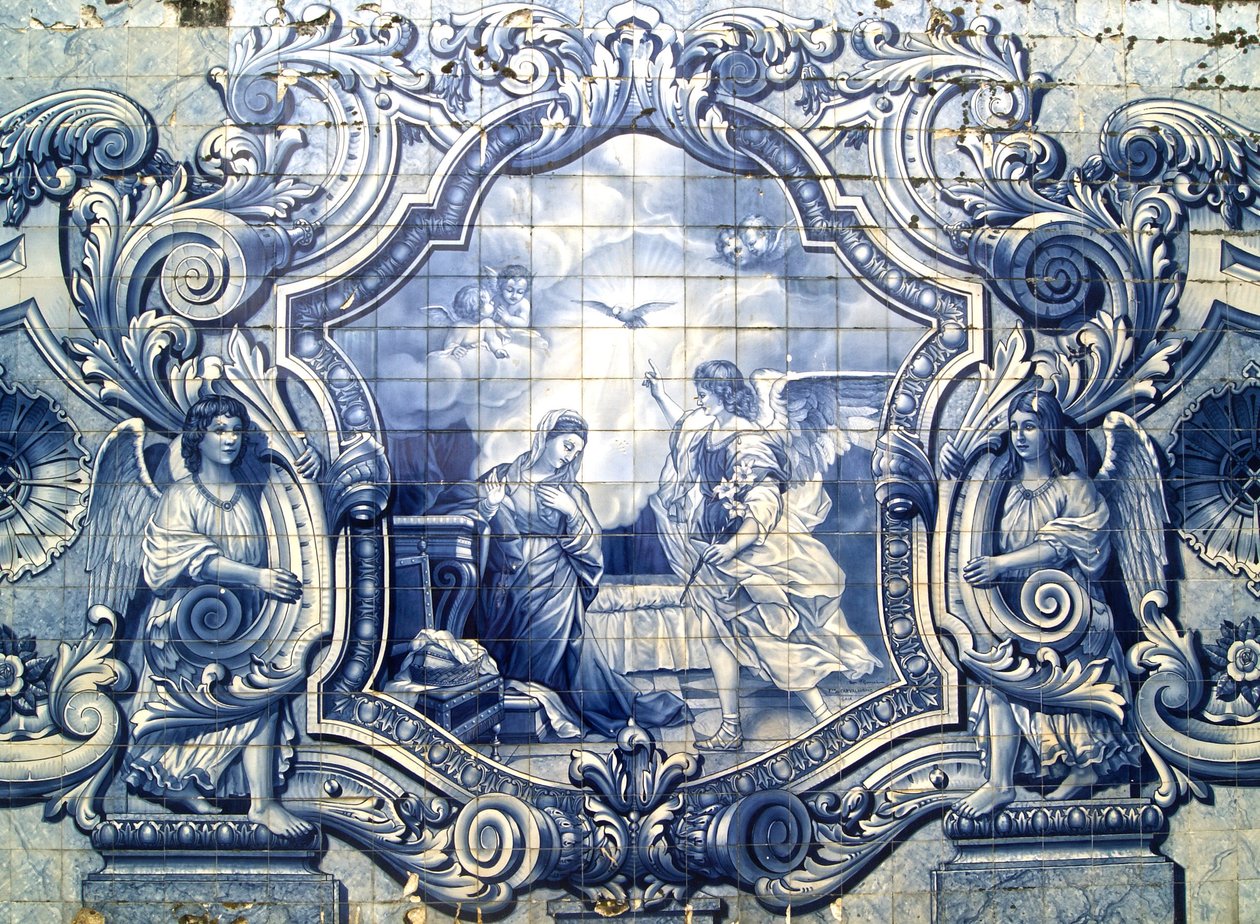 Dekorativt panel, der forestiller bebudelsen, Lamego, Portugal. 1738 (keramiske fliser) af Portuguese School