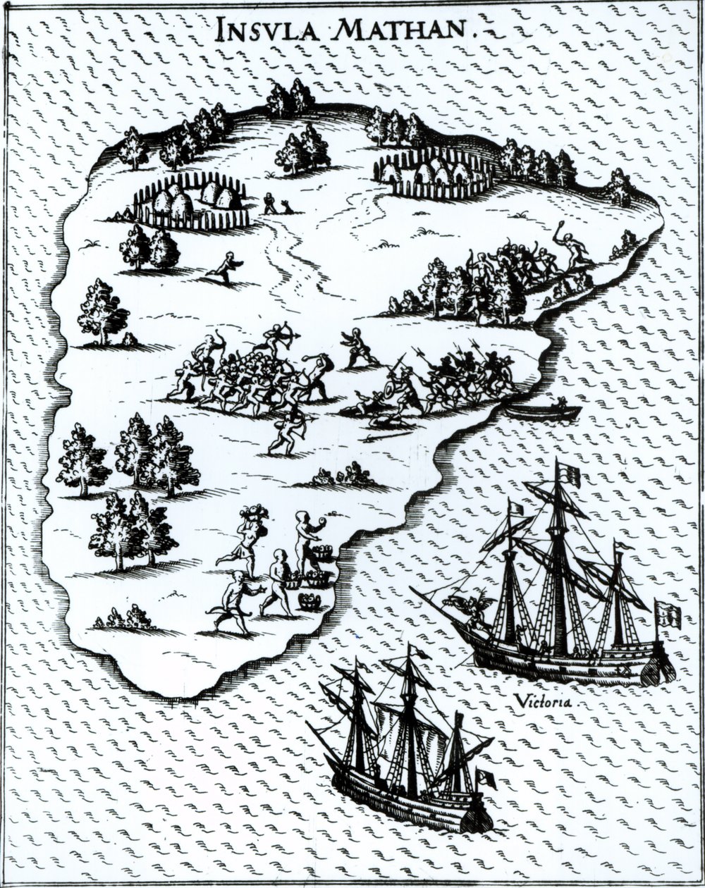 Ferdinand Magellan (ca. 1480-1521) kæmpende indfødte på Mactan Island i 1521 af Portuguese School