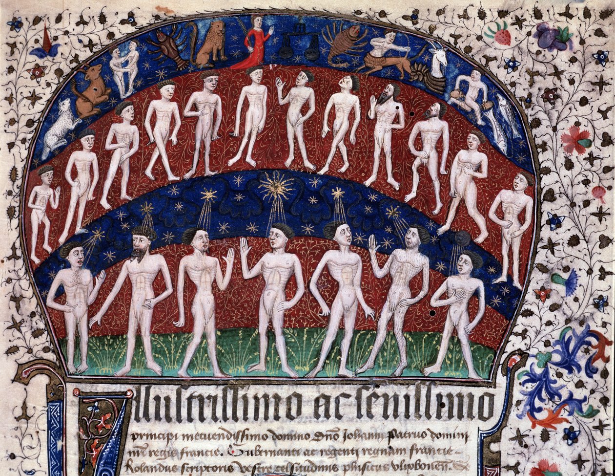 Lissabon, MS 52-XIII-18 f.1r, miniature, der repræsenterer overensstemmelsen mellem organerne og planeterne og stjernernes indflydelse på stemningerne, fra "Physionomia Rolandi Ulixbonensis", af Rolandus Scriptoris af Portuguese School