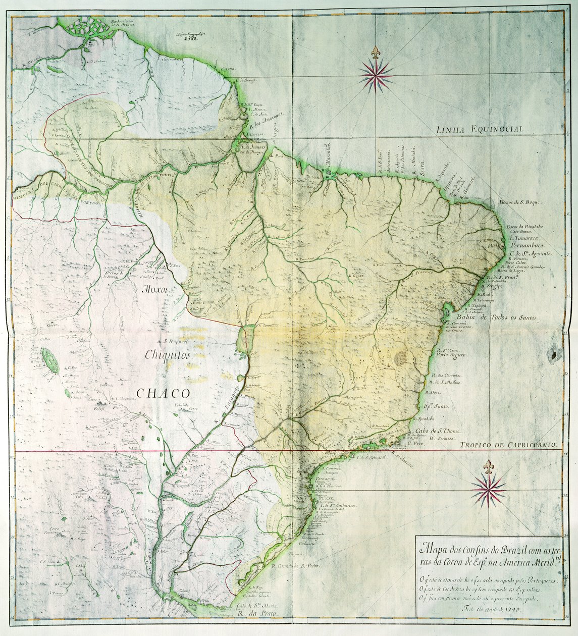 Kort over Brasilien, 1749 (farvegravering) af Portuguese School