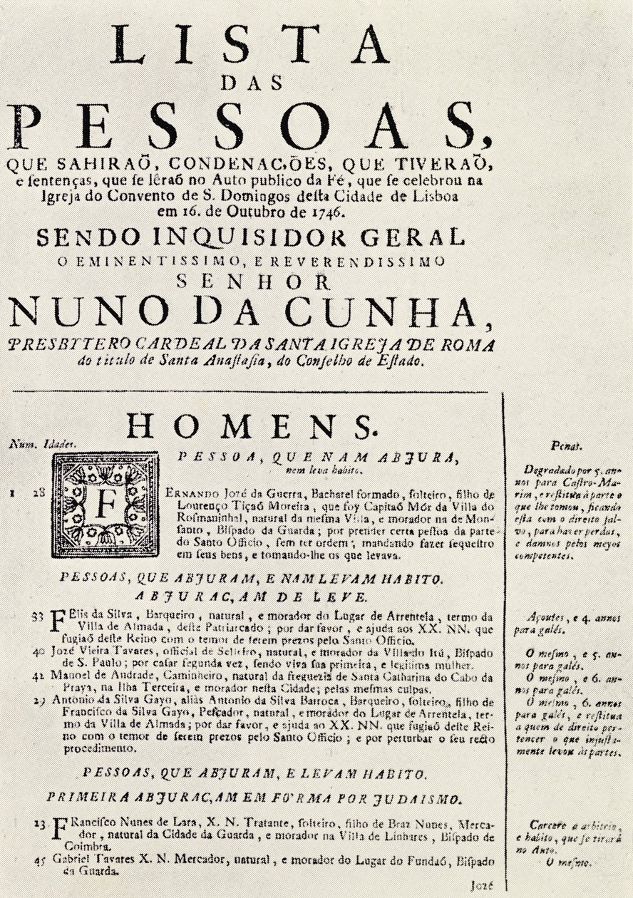 Program for en Auto da Fe i Lissabon, 1746, fra "The Spanish Inquisition" af Cecil Roth, udgivet i 1937 af Portuguese School