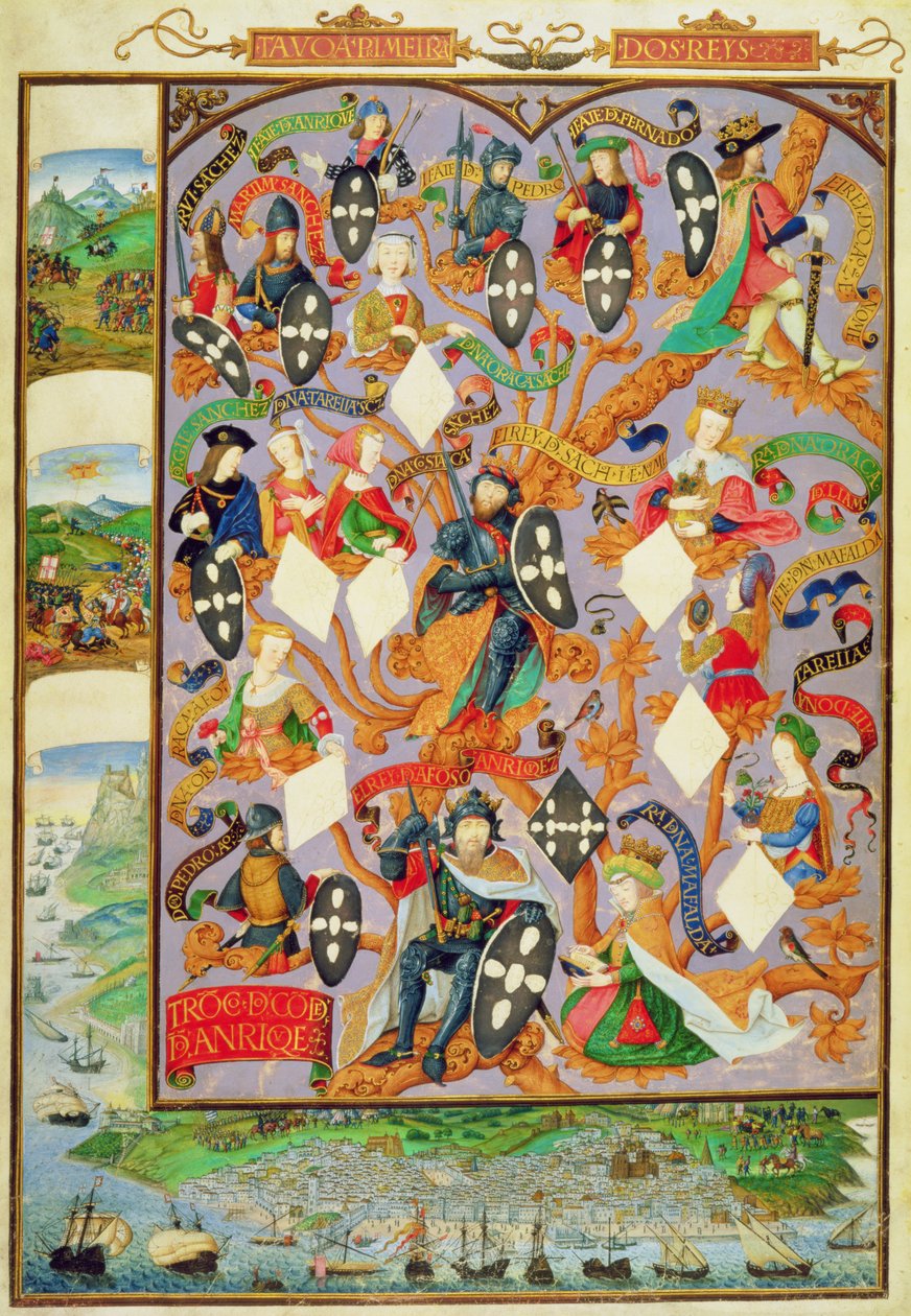 Tilføj Ms 12531 f.7 Genealogical tree of Alfonso I (1128-85) af Portuguese School