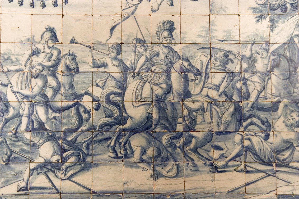Alexander (356-323 f.Kr.) kæmper mod perserne, ca. 1745 (keramik) (se også 237499) af Portuguese School