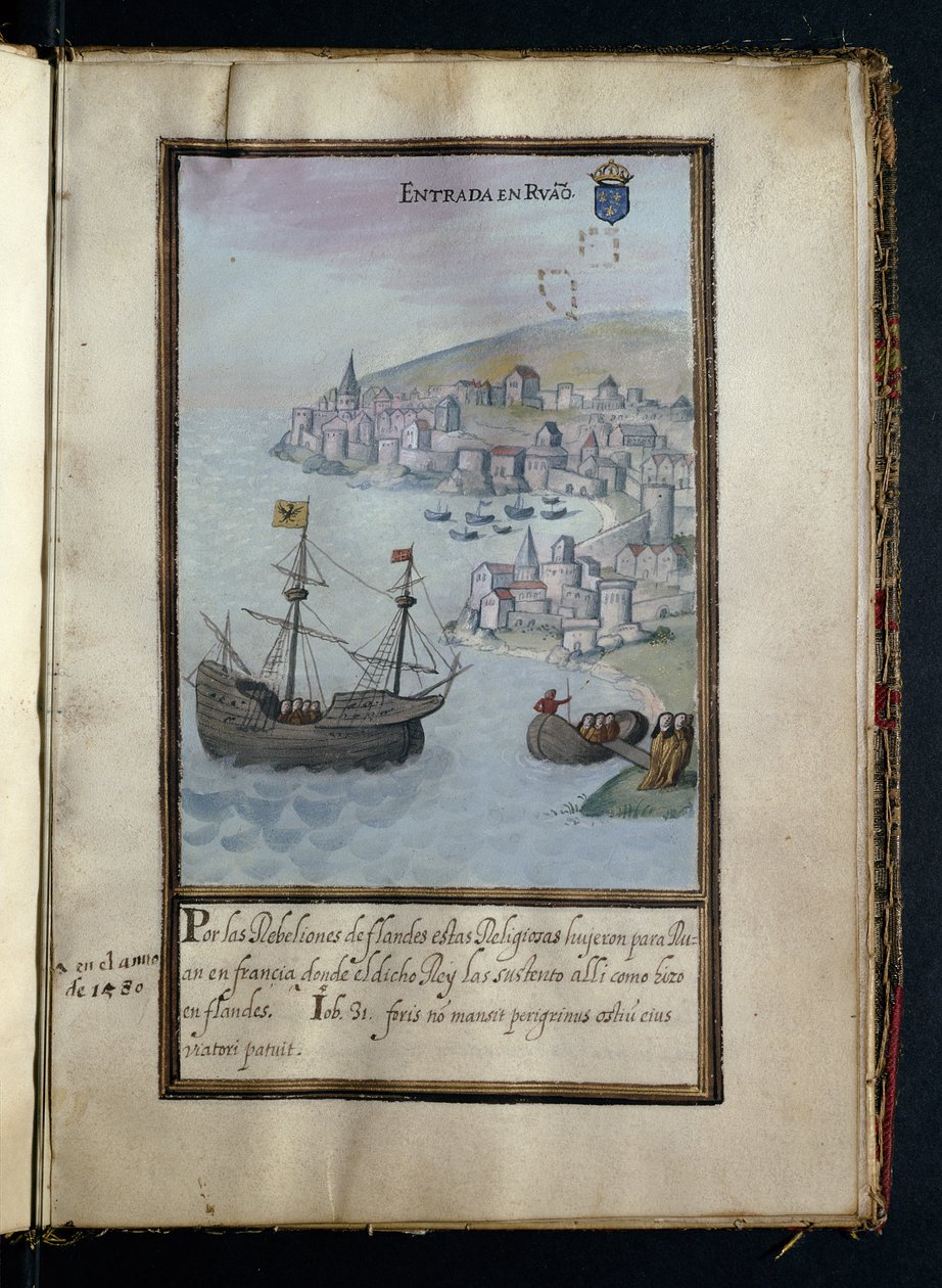 Ankomst til Rouen, fra en historie om Syon Nonnernes peregrineringer, samlet i Lissabon i begyndelsen af det 17. århundrede af Portuguese School