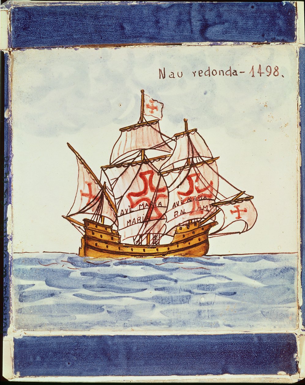 Azulejos-flise, der forestiller et skib, fra Sagres, 1498 (keramik) af Portuguese School