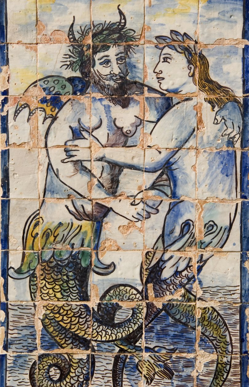 Azulejos-fliser i paladshaverne, der viser havdyr (keramik) af Portuguese School
