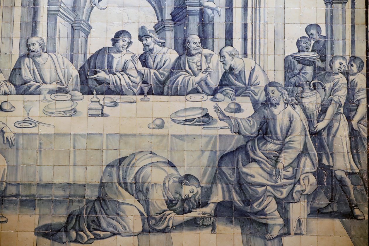 Barmhjertighedens Kirke. Azulejos. Jesus bliver salvet af en syndig kvinde i Lukas 7:36-50. Evora. Portugal. af Portuguese School