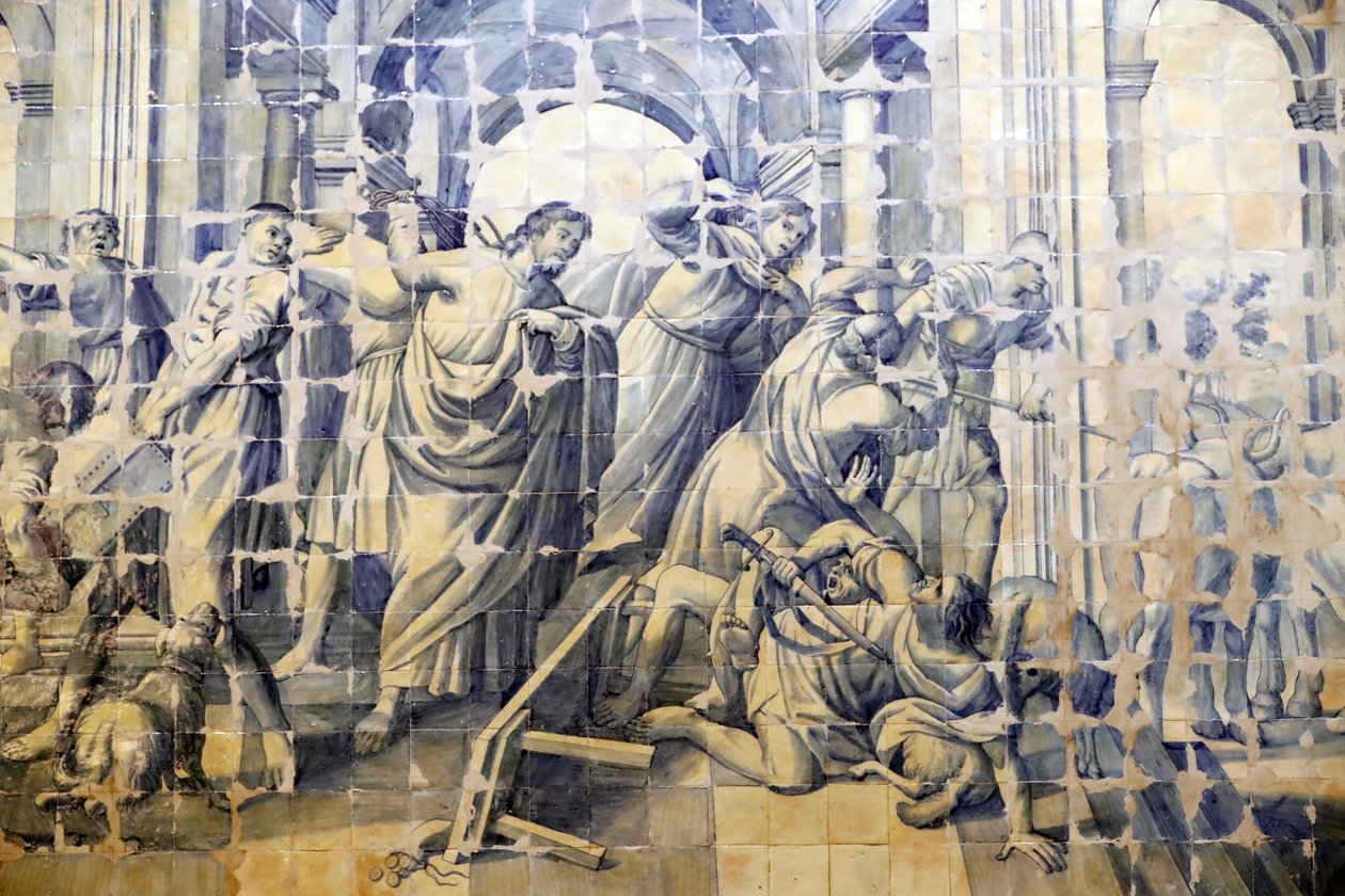 Barmhjertighedens Kirke. Azulejos. Fortællingen om udrensningen af templet. Jesus. Evora. Portugal. af Portuguese School