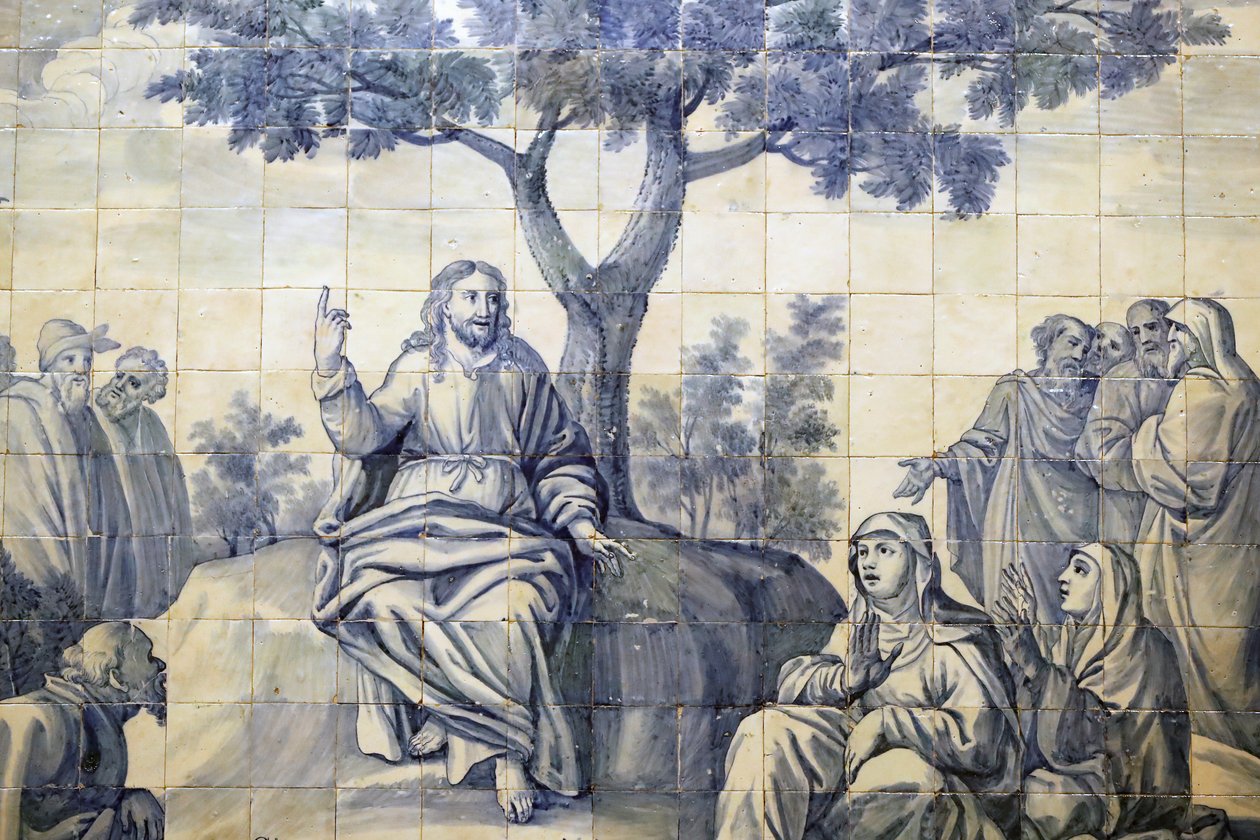 Barmhjertighedens Kirke. Azulejos. Bjergprædikenen. Jesus. Evora. Portugal. af Portuguese School