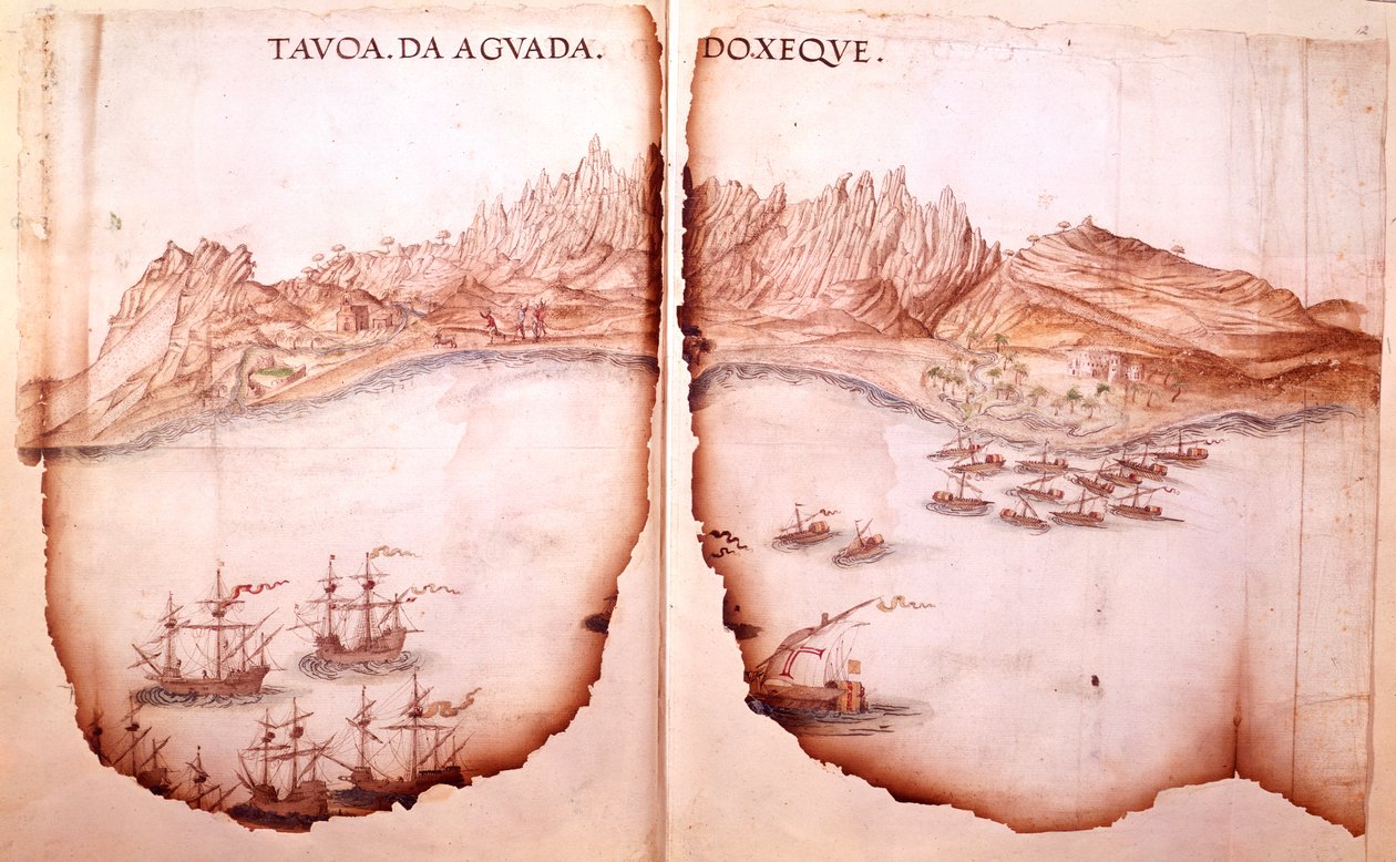 Bomuld Tiberius D. IX, ff.11v-12 Udsigt over Aguada, illustration fra 