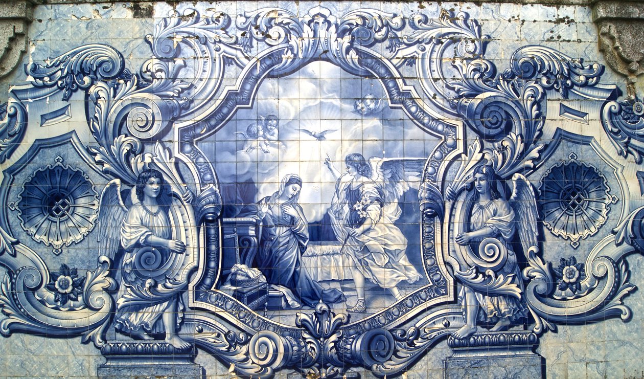 Dekorativt panel, der forestiller bebudelsen, Lamego, Portugal. 1738 (keramiske fliser) af Portuguese School