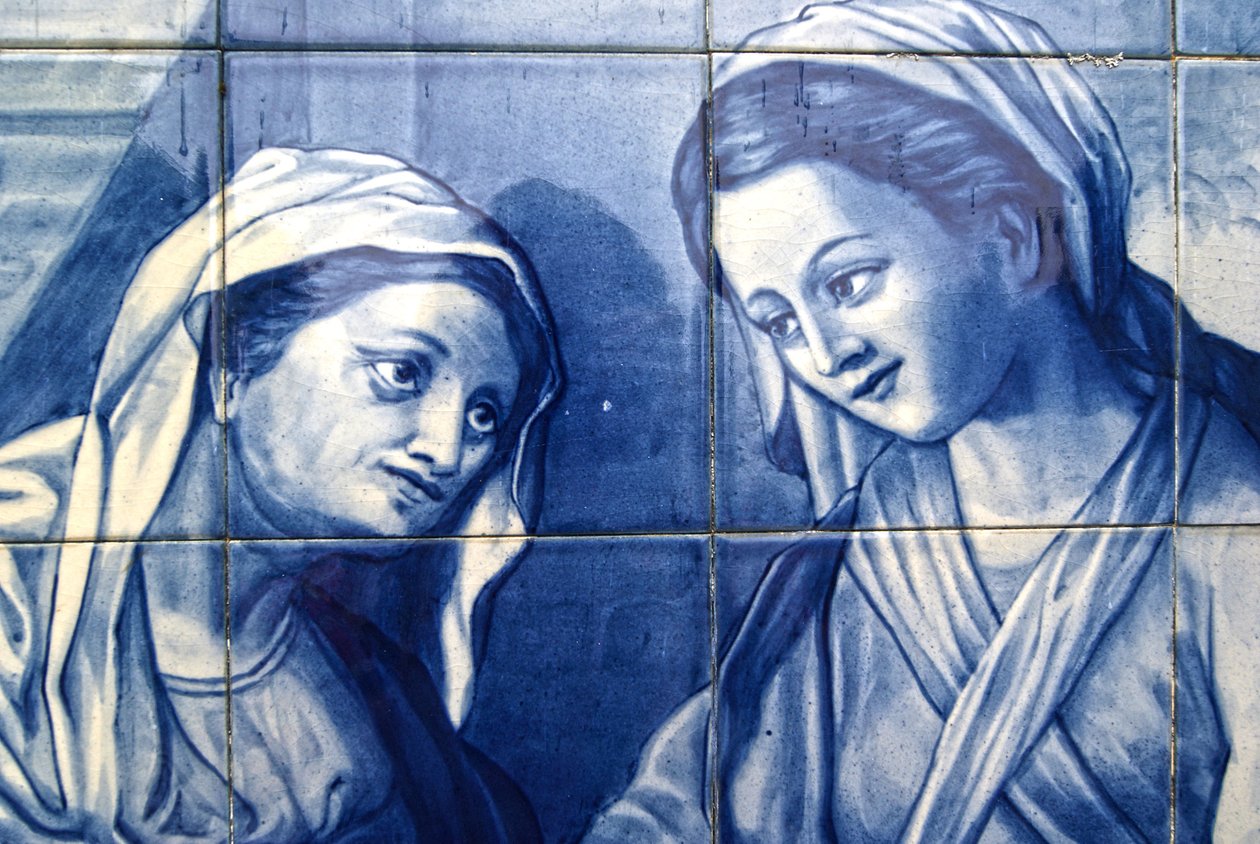 Detalje af Mary, der møder kroværtens kone, dekorativt panel, der viser Mary og Joseph, der ankommer til kroen, Lamego, Portugal. 1738 (keramiske fliser) af Portuguese School