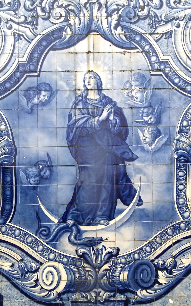 Detalje af et dekorativt panel, der viser Jomfru Maria, der knuser slangen, Lamego, Portugal. 1738 af Portuguese School