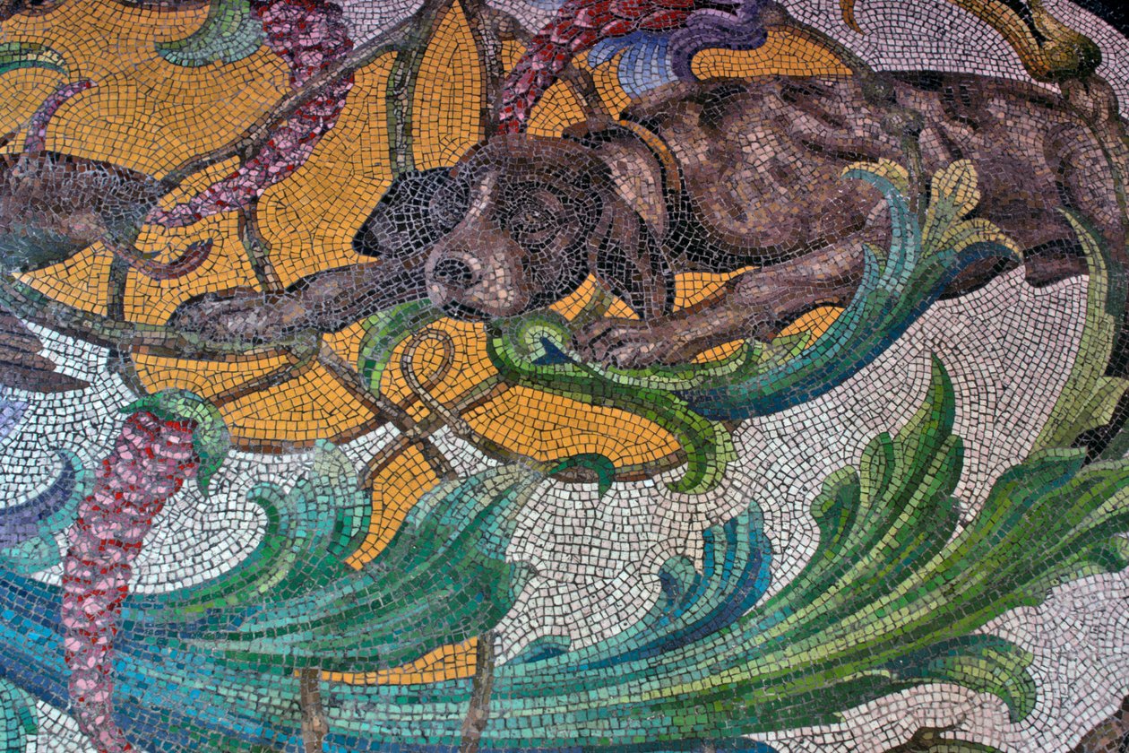 Etage, der forestiller en jagthund (mosaik) af Portuguese School
