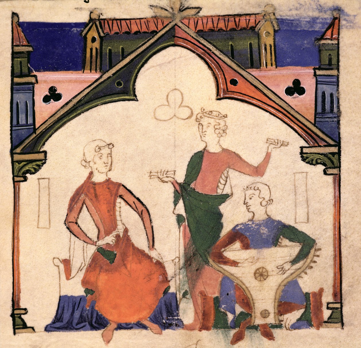Fol.4r Musikere, der spiller kastanjetter og et psalteri, fra Chansonnier des Nobles af Portuguese School