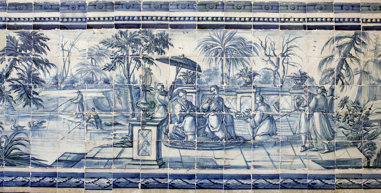 Frugtsmagning nær en sø i Asien - Azulejos, malet fajance af Portuguese School
