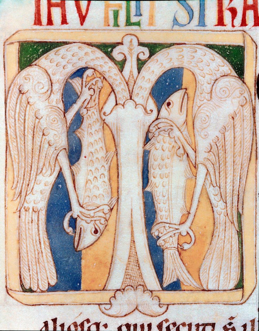 Brevpapir dekoreret af hejrer og fisk. Miniature fra manuskriptet "" Testamentum Vetus"" fra Sancta Cruz de Coimbra. 12. århundrede. Porto, kommunalt bibliotek af Portuguese School