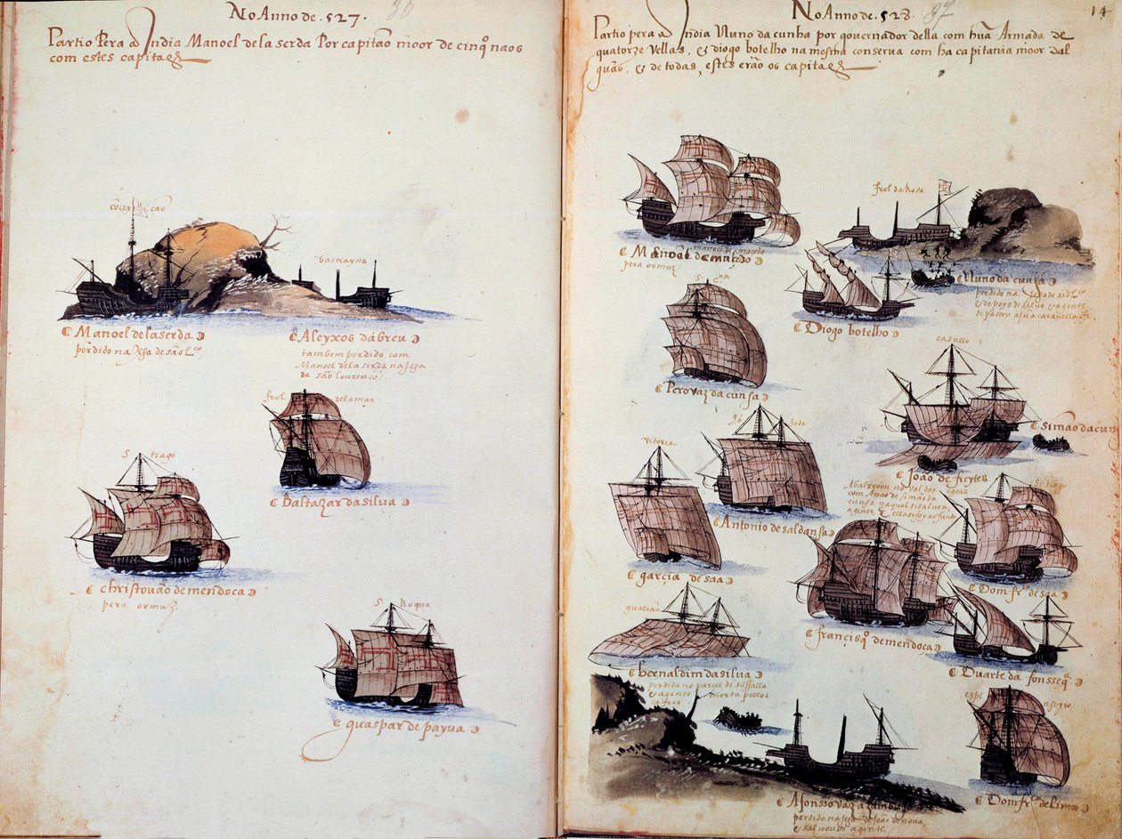 Manuskriptside "" Mindesmærker over armadaerne i Portugal under kong Manuel I (1469-1521)"" repræsenterer de portugisiske flåder. 1523 B.N. Paris af Portuguese School