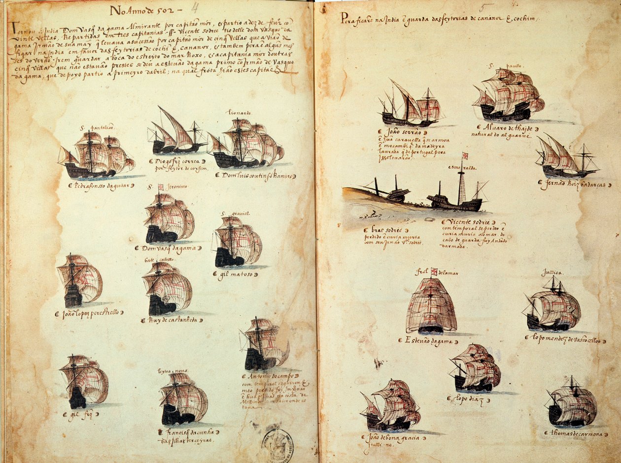 Manuskriptside "" Mindesmærker over armadaerne i Portugal under kong Manuel I (1469-1521)"" repræsenterer de portugisiske flåder. 1533 B.N. Paris af Portuguese School