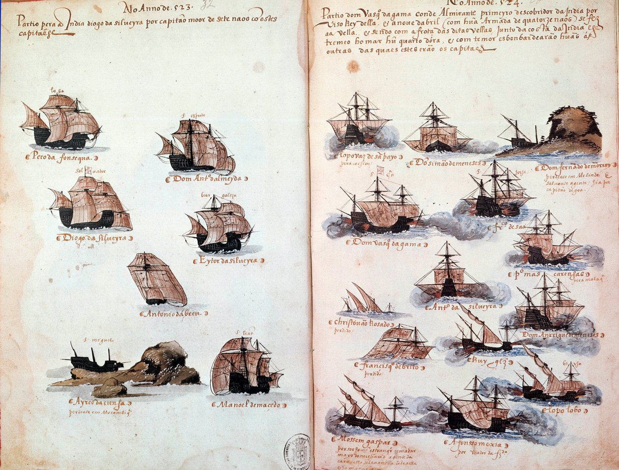 Manuskriptside "" Mindesmærker over armadaerne i Portugal under kong Manuel I (1469-1521)"" repræsenterer de portugisiske flåder. 1523 B.N. Paris af Portuguese School