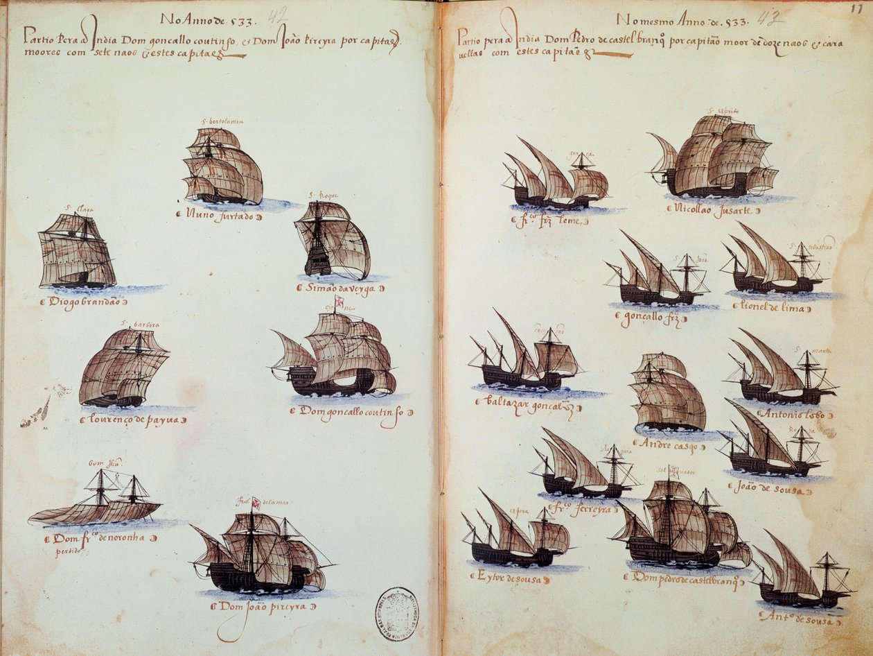 Manuskriptside "" Mindesmærker over armadaerne i Portugal under kong Manuel I (1469-1521)"" repræsenterer de portugisiske flåder af Portuguese School
