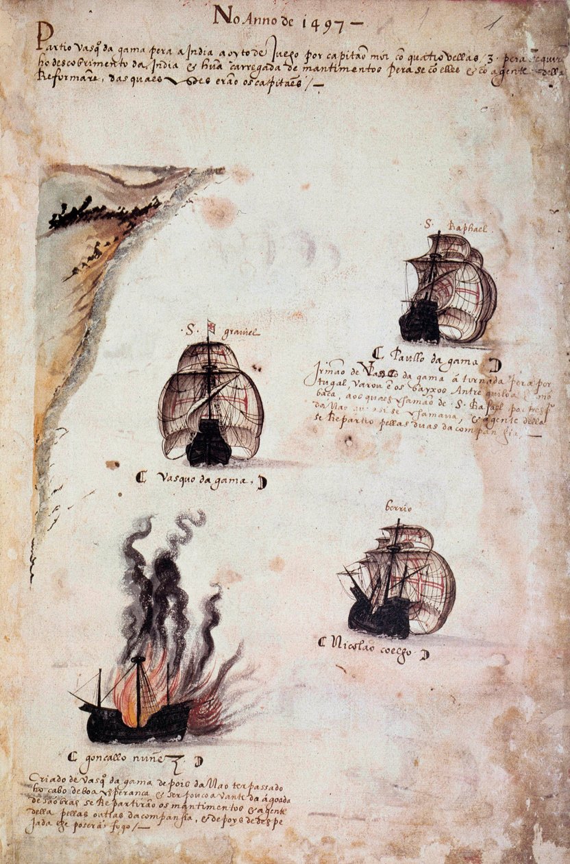 Manuskriptside "" Mindesmærker over armadaerne i Portugal under kong Manuel I (1469-1521)"" repræsenterer de portugisiske flåder af året 1497. 1523 f.Kr. Paris af Portuguese School
