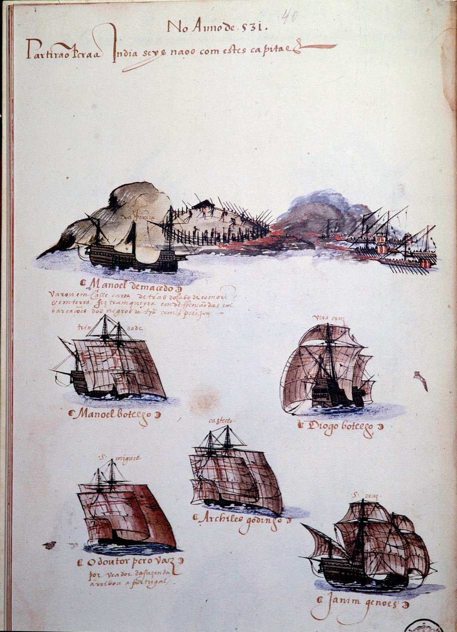 Manuskriptside "" Erindringer om armadaerne i Portugal under kong Manuel I (1469-1521)", der repræsenterer de portugisiske flåder af året 1497. 1500 Lissabon, Nationalmuseet for antik kunst af Portuguese School