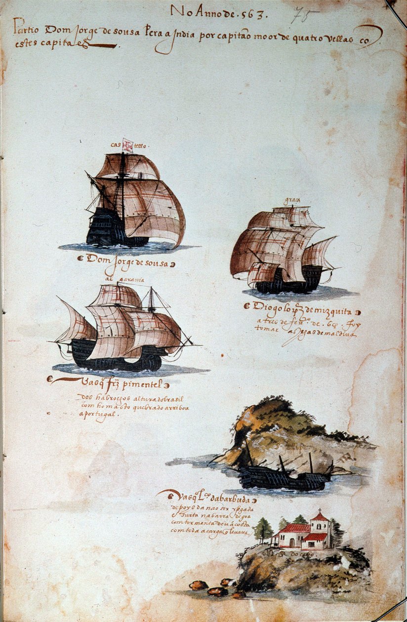 Manuskriptside "" Erindringer om armadaerne i Portugal under kong Manuel I (1469-1521)", der repræsenterer de portugisiske flåder af året 1497. 1500 Lissabon, Nationalmuseet for antik kunst af Portuguese School