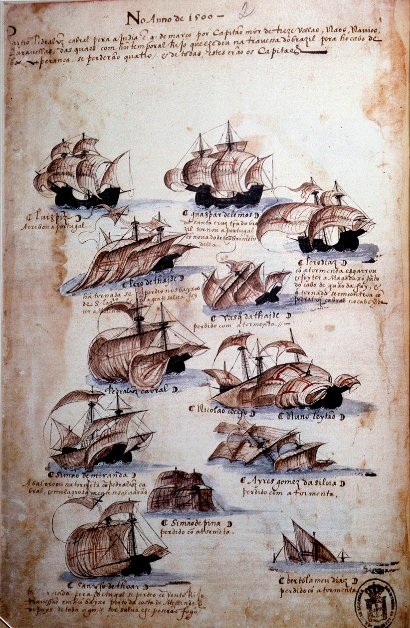 Manuskriptside "" Erindringer om armadaerne i Portugal under kong Manuel I (1469-1521)", der repræsenterer de portugisiske flåder af året 1497. 1500 Lissabon, Nationalmuseet for antik kunst af Portuguese School