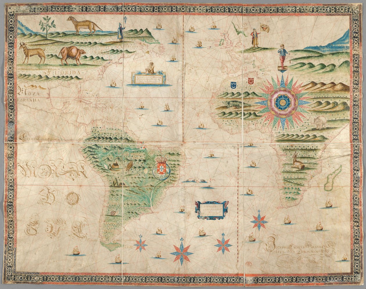 Kort over Vesteuropa, Afrika og Amerika, med tegninger af bjerge, dyr osv. Joseph da Costa e Miranda af Portuguese School