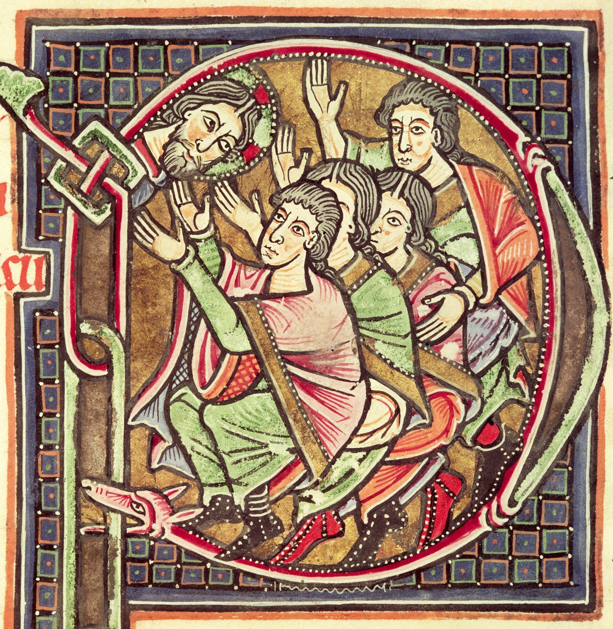 Ms 3088 fol.137r Historikert initial P, der skildrer Joshuas død, fra en bibel, 12.-13. århundrede af Portuguese School