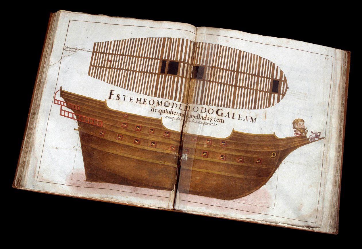 Søarkitektur: side af den arkitektoniske afhandling (Livro de Tracas de Carpintaria) af Manuel Fernandez: skæring af et skib af Portuguese School