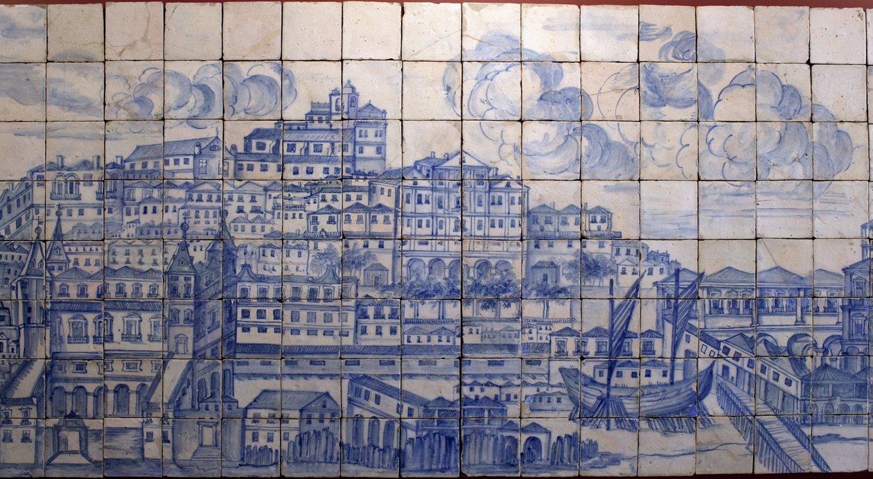 Panoramaudsigt over Lissabon, før jordskælvet i 1755 - Azulejos begyndelsen af det 18. århundrede, paneladvarsel om det tidligere palads for greverne af Tentugal, Lissabon (Store Lissabon panorama før jordskælvet i 1755, fajance tidligt i det 18. århundred af Portuguese School