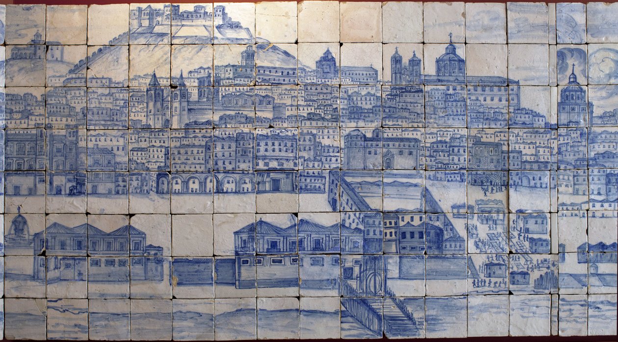 Panoramaudsigt over Lissabon, før jordskælvet i 1755 - Azulejos begyndelsen af det 18. århundrede, paneladvarsel om det tidligere palads for greverne af Tentugal, Lissabon (Store Lissabon panorama før jordskælvet i 1755, fajance tidligt i det 18. århundred af Portuguese School