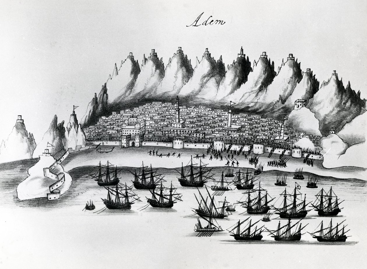 Portugisisk overfald på Aden, illustration fra Legends of India af Gaspar Correia, ca. 1858 af Portuguese School