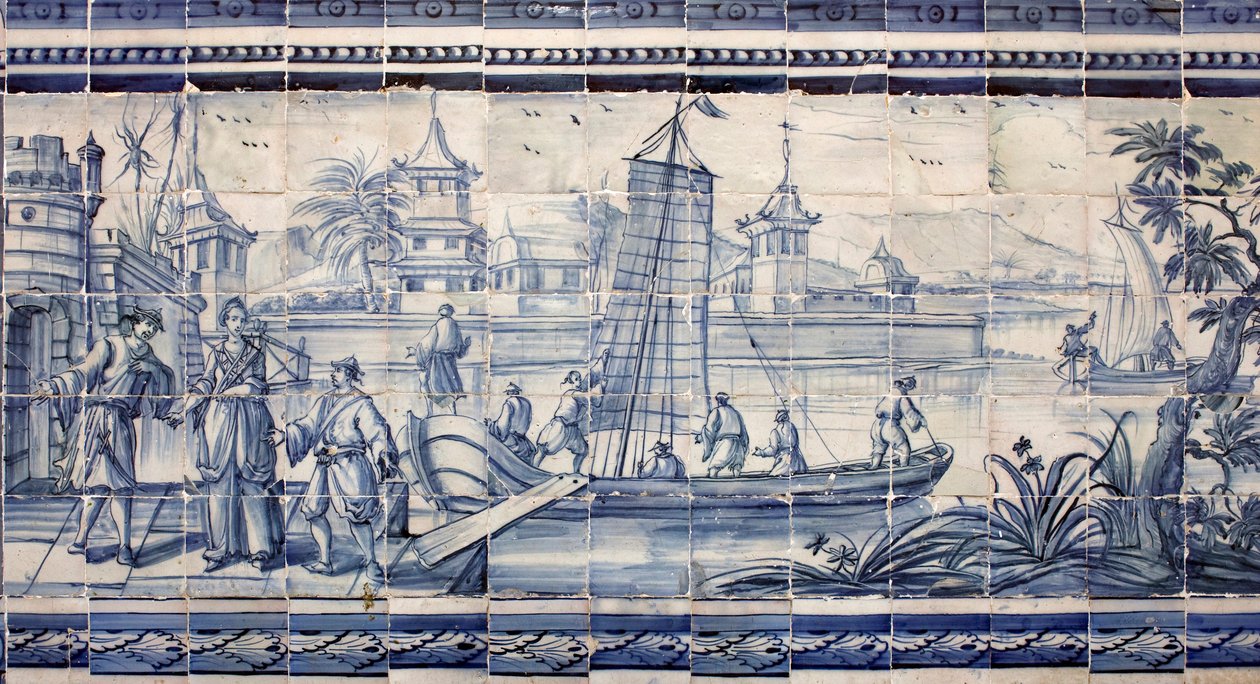 Scene ved bredden af en flod i Asien - Azulejos, malet fajance af Portuguese School