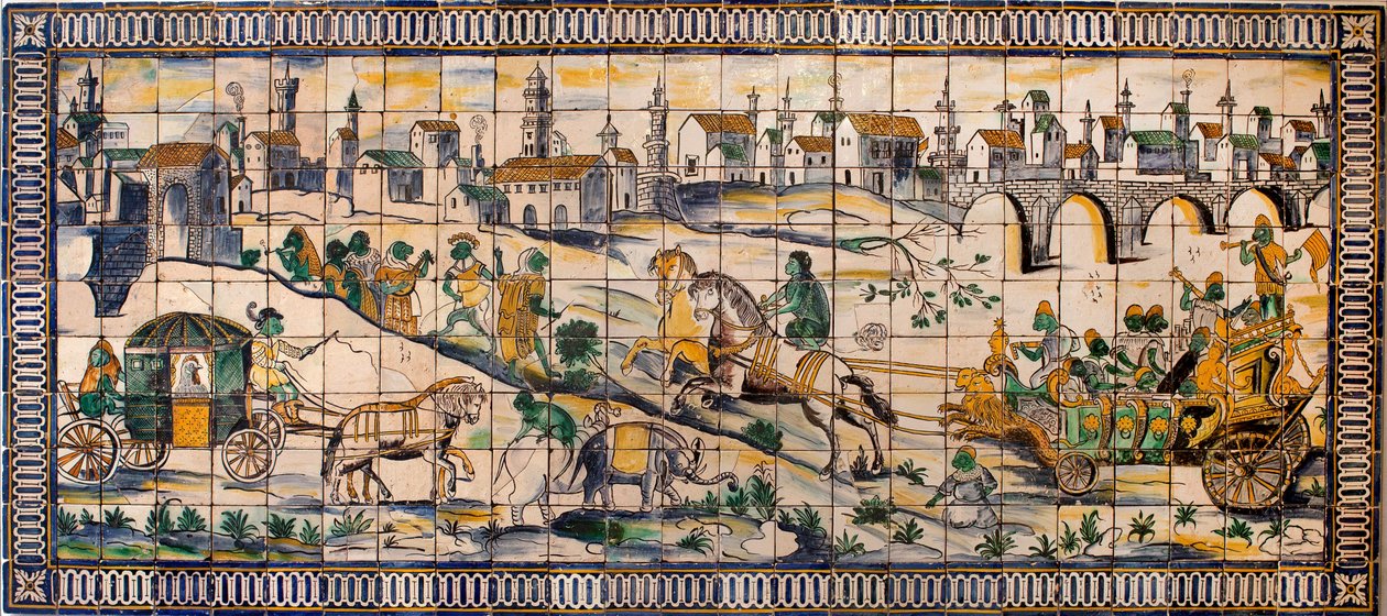 Singerie, hønsets ægteskab - Flisepanel, ca. 1665, fra den gamle gård Cadriceira, i Turcifal, Torres Vedras (Portugal) (Kyllingens bryllup, Flisepanel, ca. 1665) - Musee national des azulejos, Lissabon (Portugal) af Portuguese School