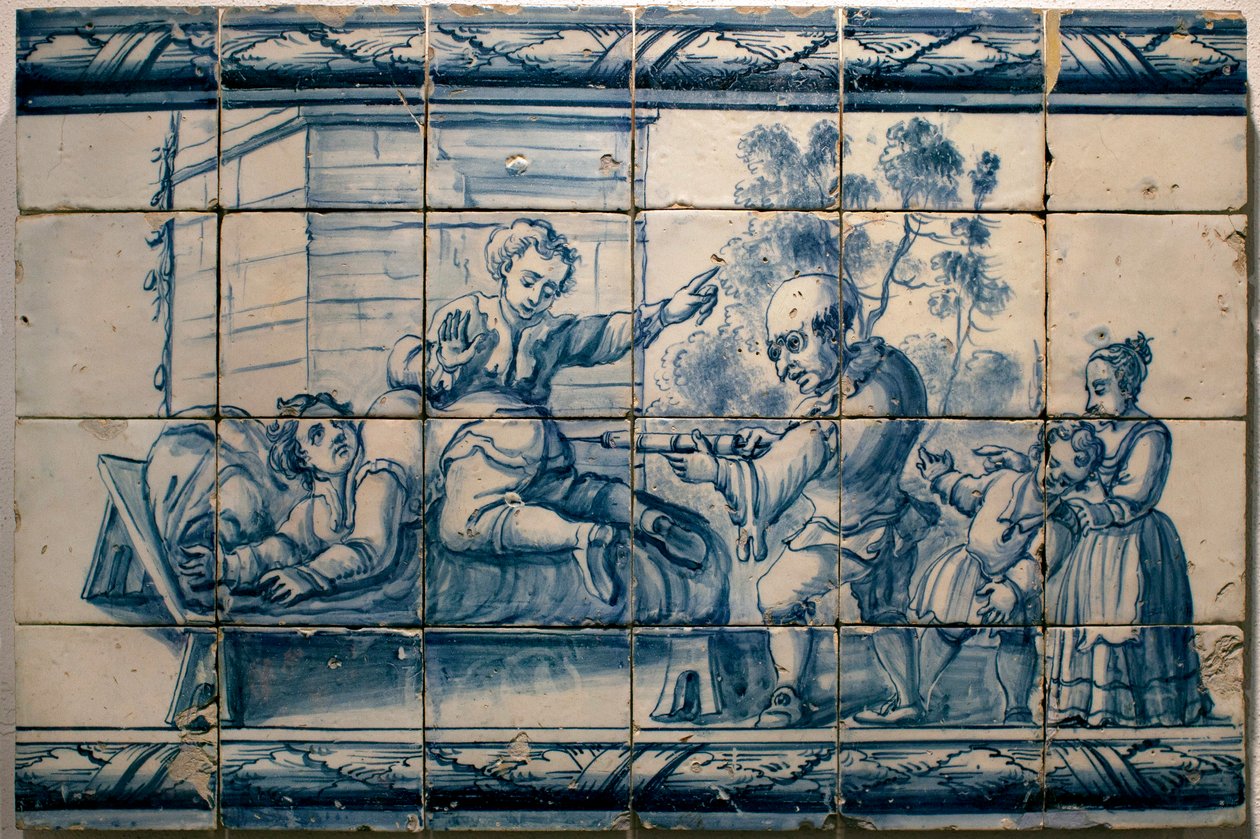 Lægen laver et lavement til en patient - Satirisk panel af Lissabon, første halvdel af det 18. århundrede (Læge - Satirisk panel, første halvdel af det 18. århundrede) - Musee national des azulejos, Lissabon (Portugal) af Portuguese School