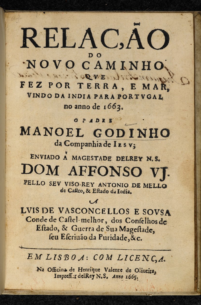 Titelblad til Manuel Godinho, Relação do Novo Caminho que Fez por Terra e Mar, Vindo da India para Portugal no Ano de 1663, Lissabon: Henrique Valente de Oliveira af Portuguese School