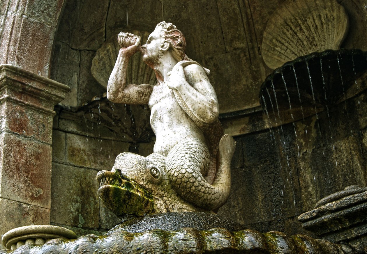 Triton Fountain, Sanctuary of Our Lady of Remedies, Lamego, Portugal 1738 (sten) af Portuguese School