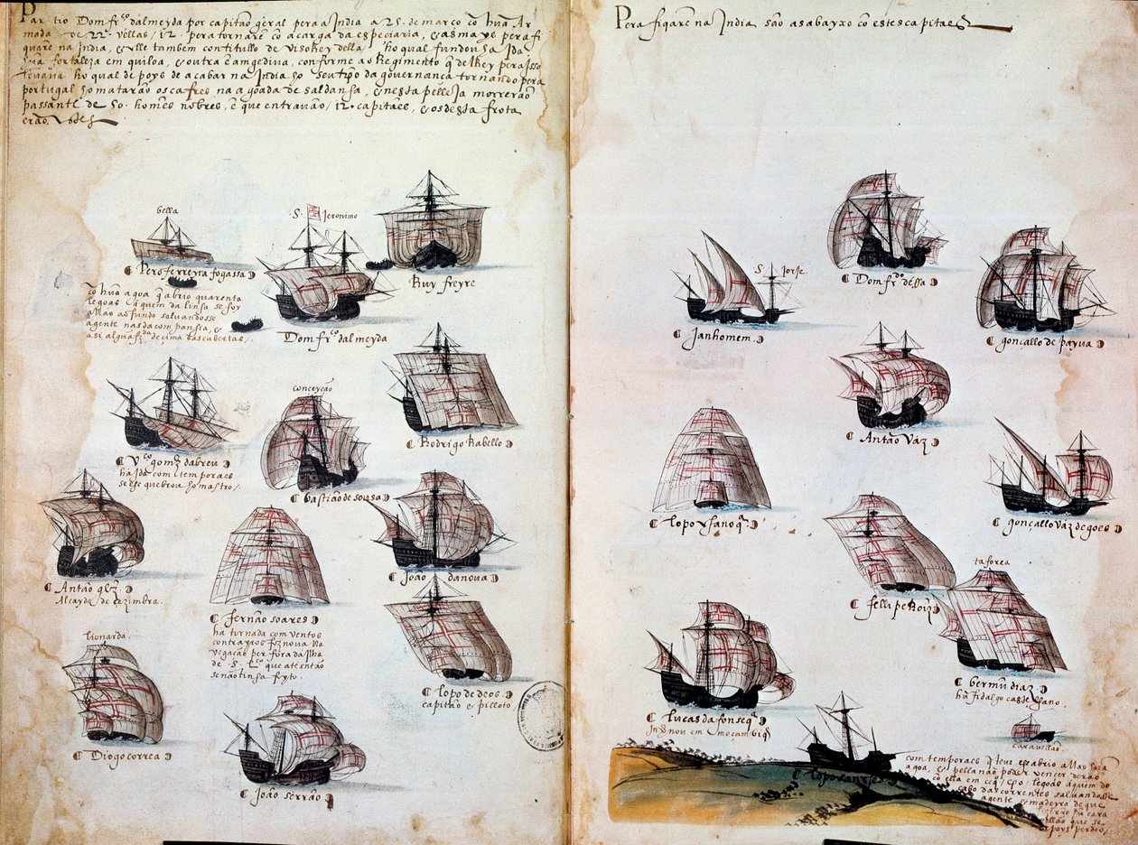 Krigsskibe. Minder om Portugals armadas under kong Manuel I (1469 - 1521). Håndskrift fra 1505. Paris. BN af Portuguese School