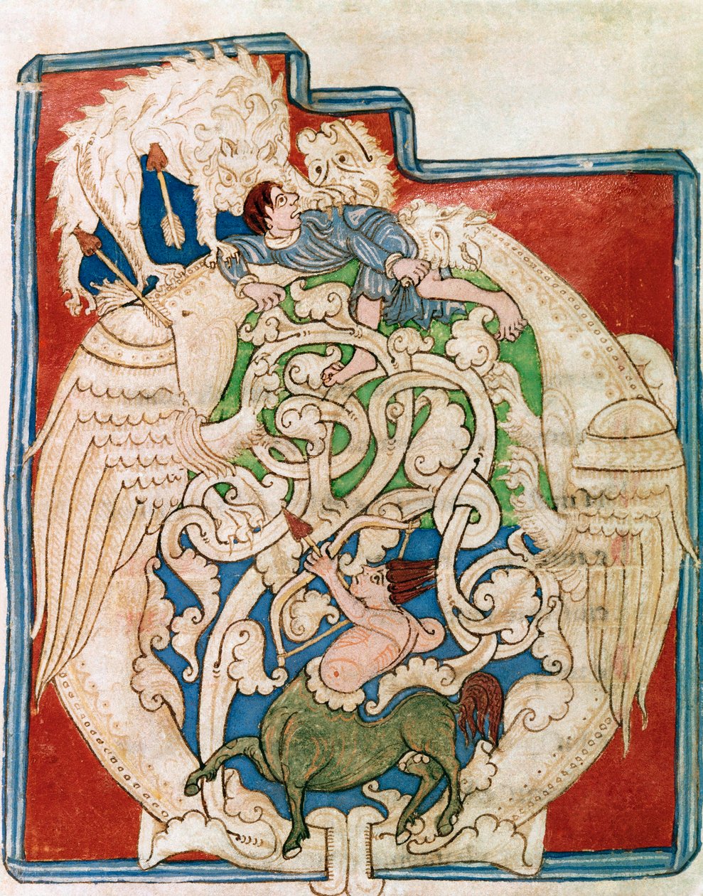 Indpakning O med repræsentation af en jagtkentaur. Miniature taget fra "" Det Gamle Testamente"" (Testamentum vetus) Fra Sancta Cruz de Coimbra. 12. århundrede. Porto, kommunalt bibliotek af Portuguese School
