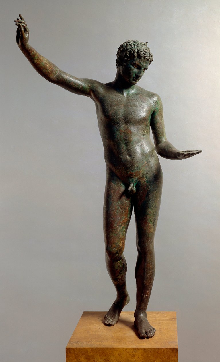 Græsk kunst: bronzestatue af "den unge mand fra Marathon" (ephebe), der repræsenterer Hermes atlet teenager tilskrevet billedhuggeren Praxitele (4. århundrede f.Kr.), 460 f.Kr., Dim. 130 cm - Athen, Nationalt Arkæologisk Museum (inv. 15118) - The Marathon  af Praxiteles
