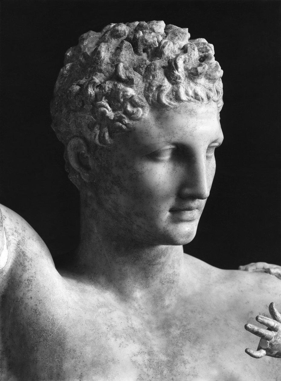 Detalje af statuen af Hermes og spædbarnet Dionysus, c.330 f.Kr. (Parian Marble), leder af Hermes (se Bal 54791) af Praxiteles