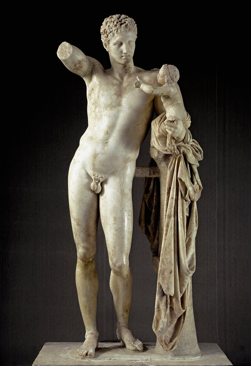 Græsk kunst: Hermes og Dionysos barn - Marmorskulptur af Praxitele (4. århundrede f.Kr.) fra Hera-templet i Olympia, 330 f.Kr., Dim. 213 cm - Olympia, arkæologisk museum - Hermes bærende Dionius - Marmorskulptur (H. 213 cm), af Praxitele (ca. 400-326) af Praxiteles