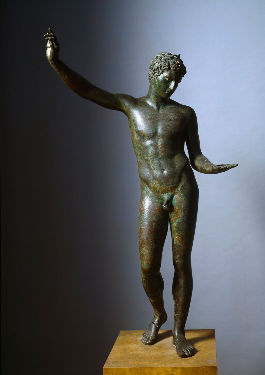 Græsk kunst: "" den unge mand fra Marathon"" (ephebe) statue af Hermes teenager eller ung atlet - Bronzeskulptur lavet af Praxitele (4. århundrede f.Kr.), 330 f.Kr. Dim. 130 cm - Athen, Nationalt Arkæologisk Museum - The Marathon Boy eller Efebe of Maratho af Praxiteles